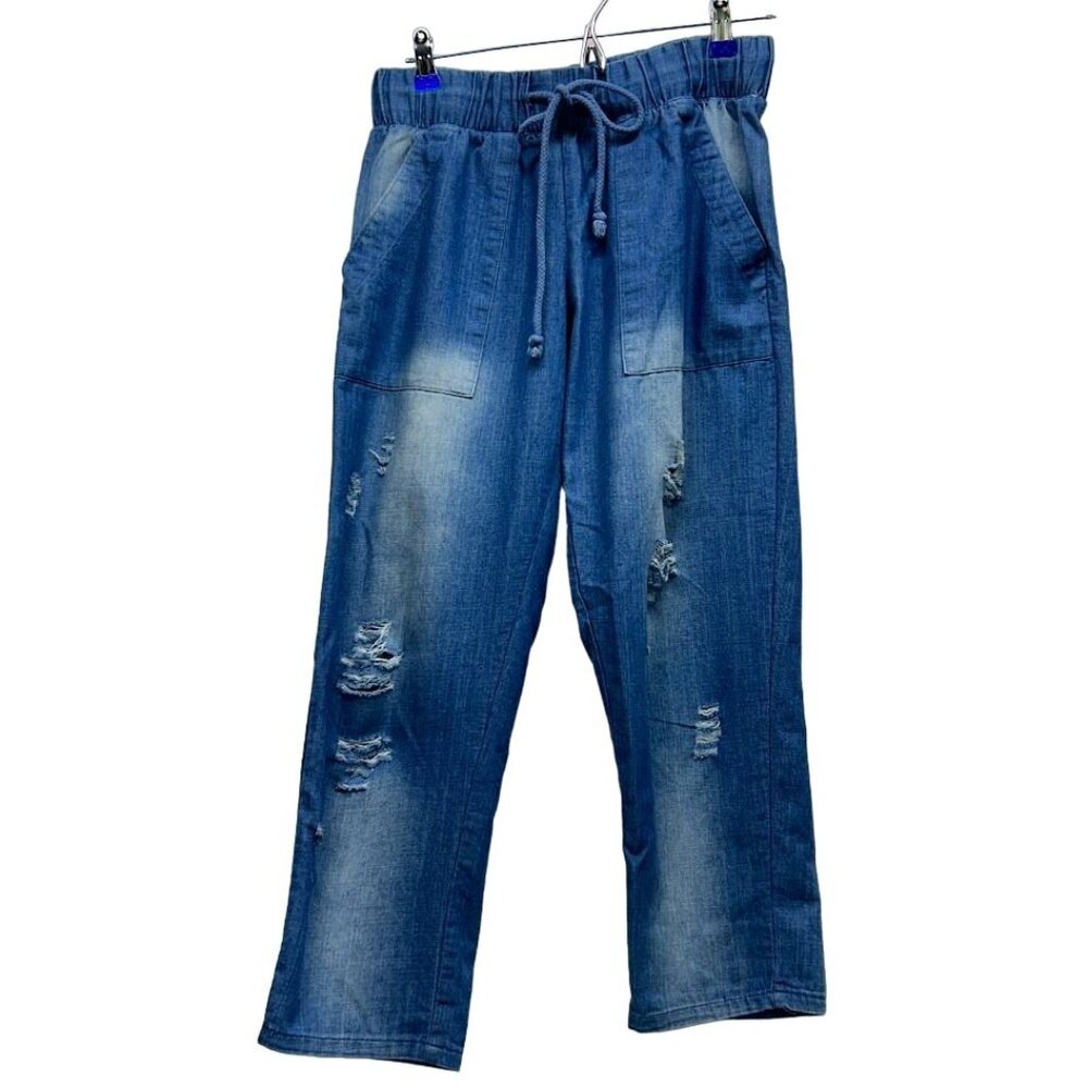 Umgee Distressed Women's Casual Elastic High Waist Trousers Jeans Sz S
